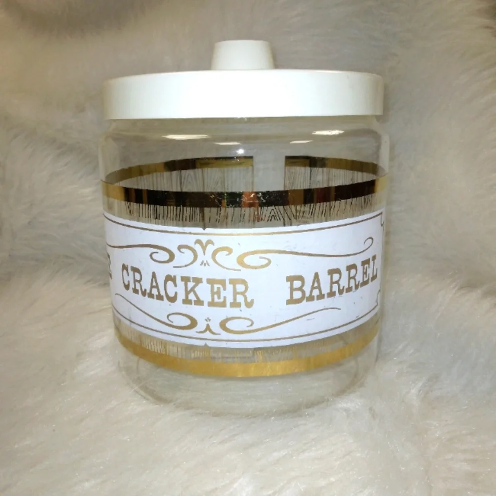 PYREX Cracker Barrel Glass Canister w/Gold Accents & Plastic Lid